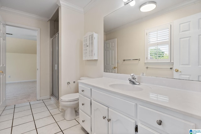 2100 Southwinds Cir, Hoover, AL 35244 - full bathroom with toilet, vanity, tile patterned flooring, a stall shower, and ornamental molding