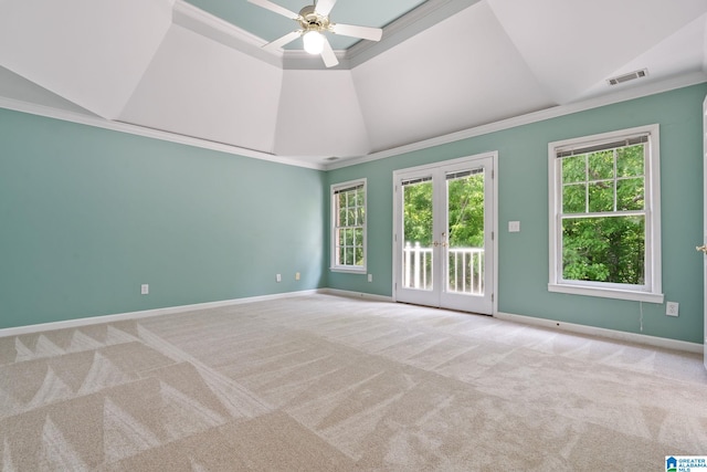 2100 Southwinds Cir, Hoover, AL 35244 - carpeted spare room with a ceiling fan, crown molding, vaulted ceiling, and baseboards