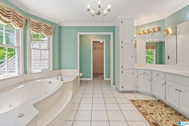 2100 Southwinds Cir, Hoover, AL 35244 - full bathroom featuring a chandelier, vanity, a jetted tub, crown molding, and healthy amount of natural light