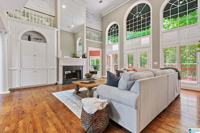 2100 Southwinds Cir, Hoover, AL 35244 - living area with a high ceiling, crown molding, light wood-style flooring, and a premium fireplace