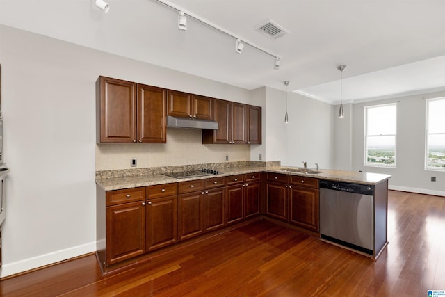2024 2nd Ave N Unit 1703, Birmingham, AL 35203 - kitchen with stainless steel dishwasher, under cabinet range hood, a sink, dark wood finished floors, and baseboards