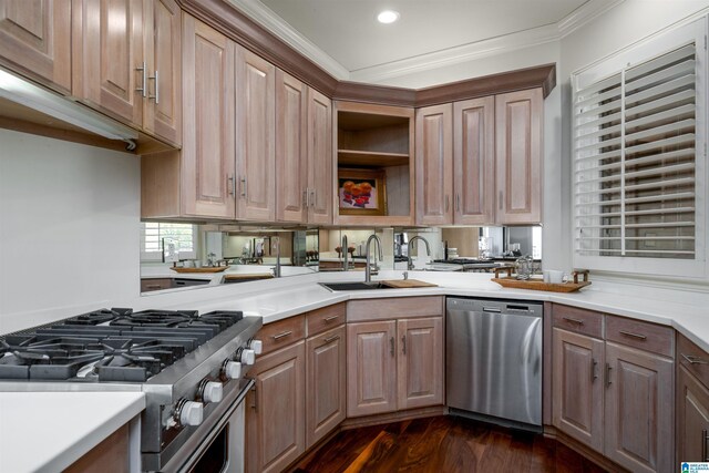 2600 Arlington Ave Unit 80, Birmingham, AL 35205 - kitchen featuring appliances with stainless steel finishes, a sink, dark wood-style flooring, light countertops, and ornamental molding