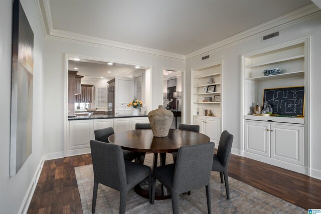 2600 Arlington Ave Unit 80, Birmingham, AL 35205 - dining space with ornamental molding, dark wood-style flooring, baseboards, and built in features