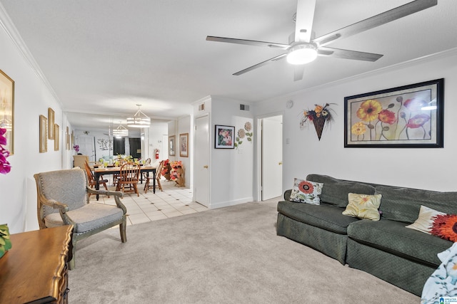 2837 Georgetown Dr Unit F, Hoover, AL 35216 - living area featuring crown molding, light carpet, a chandelier, light tile patterned floors, and a ceiling fan