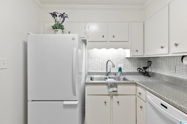 2837 Georgetown Dr Unit F, Hoover, AL 35216 - kitchen featuring white appliances, a sink, white cabinetry, ornamental molding, and tasteful backsplash
