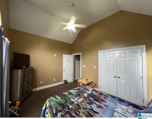 5616 Elliott Cir, Mccalla, AL 35111 - bedroom featuring lofted ceiling, carpet, a ceiling fan, a closet, and baseboards