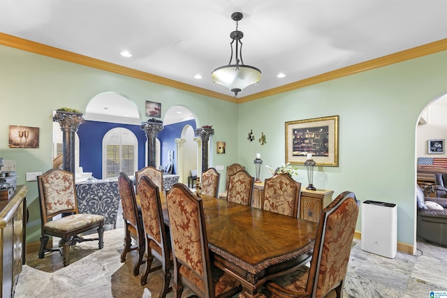 200 Asphodel Dr, Dothan, AL 36303 - dining room featuring arched walkways, decorative columns, ornamental molding, and recessed lighting