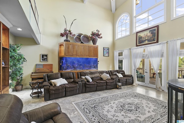 200 Asphodel Dr, Dothan, AL 36303 - living room featuring a high ceiling, plenty of natural light, french doors, and light marble finish floors