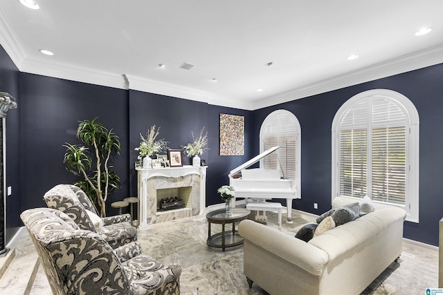 200 Asphodel Dr, Dothan, AL 36303 - living area featuring ornamental molding, recessed lighting, a high end fireplace, and marble tiled flooring