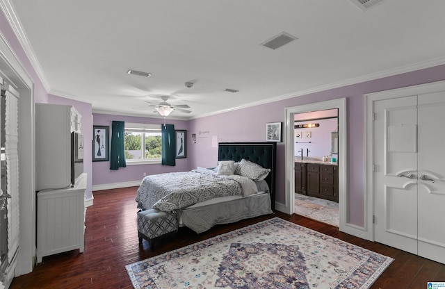 200 Asphodel Dr, Dothan, AL 36303 - bedroom featuring crown molding, dark wood-type flooring, ceiling fan, and connected bathroom