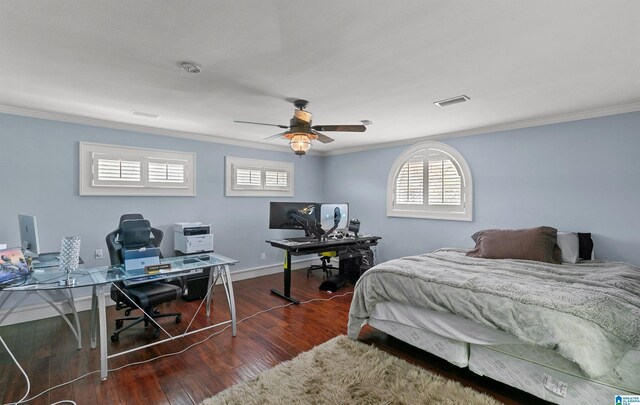 200 Asphodel Dr, Dothan, AL 36303 - bedroom featuring ornamental molding, a desk, wood finished floors, and a ceiling fan