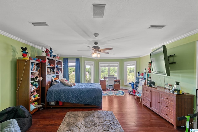 200 Asphodel Dr, Dothan, AL 36303 - bedroom with ornamental molding, dark wood-style flooring, a textured ceiling, and ceiling fan