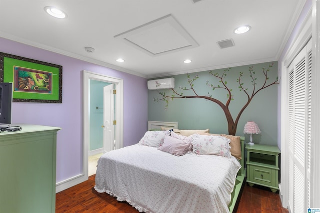 200 Asphodel Dr, Dothan, AL 36303 - bedroom with crown molding, attic access, dark wood-style floors, a wall mounted air conditioner, and recessed lighting