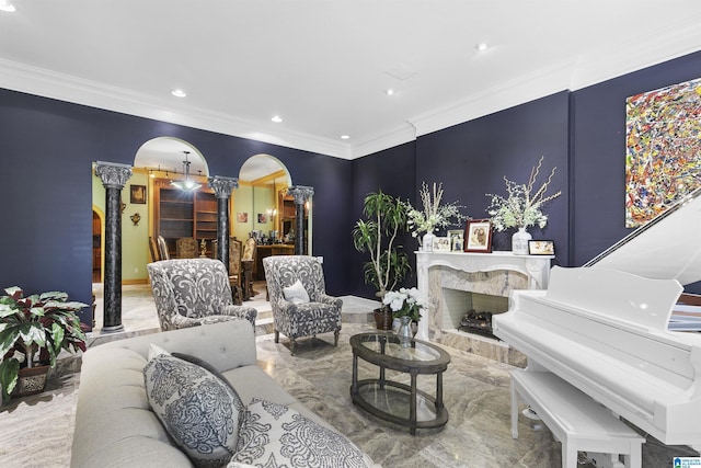 200 Asphodel Dr, Dothan, AL 36303 - living room with arched walkways, decorative columns, ornamental molding, recessed lighting, and marble tiled flooring