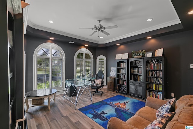 200 Asphodel Dr, Dothan, AL 36303 - home office featuring ceiling fan, wood finished floors, ornamental molding, and recessed lighting
