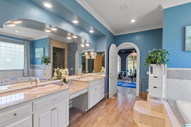 200 Asphodel Dr, Dothan, AL 36303 - full bathroom with crown molding, vanity, a bath, plenty of natural light, and wood finished floors