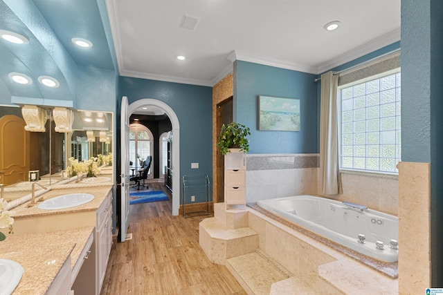 200 Asphodel Dr, Dothan, AL 36303 - bathroom with vanity, a bath, wood finished floors, ornamental molding, and recessed lighting