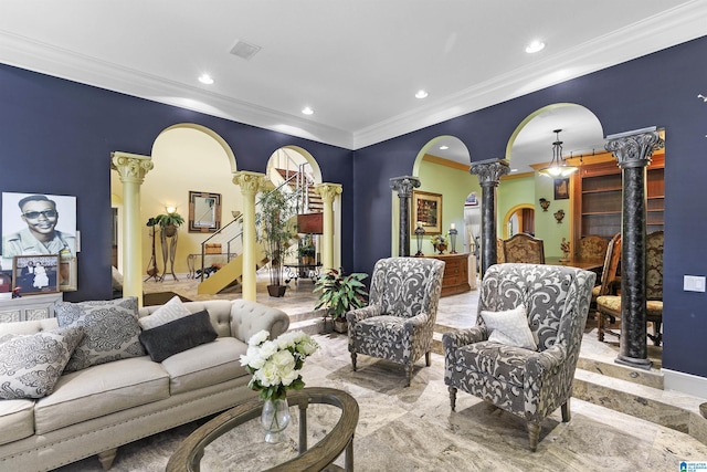 200 Asphodel Dr, Dothan, AL 36303 - living room with ornate columns, crown molding, recessed lighting, marble tiled floors, and arched walkways