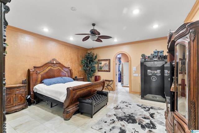 200 Asphodel Dr, Dothan, AL 36303 - bedroom featuring crown molding, arched walkways, recessed lighting, and a ceiling fan