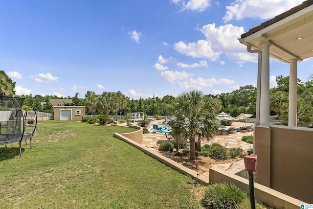 200 Asphodel Dr, Dothan, AL 36303 - view of green lawn with a trampoline, an outdoor structure, a patio, and a pool