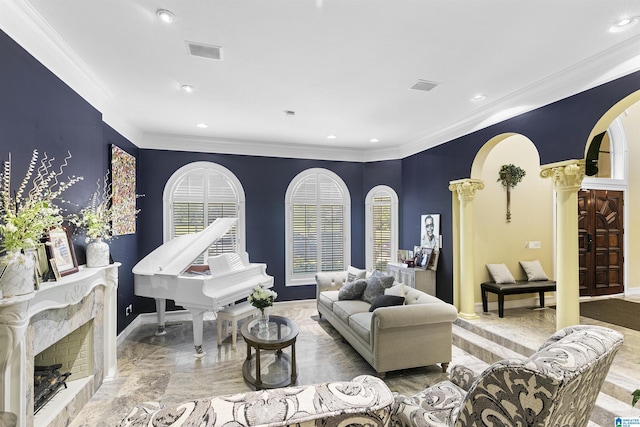 200 Asphodel Dr, Dothan, AL 36303 - living area featuring decorative columns, marble tiled flooring, recessed lighting, arched walkways, and ornamental molding