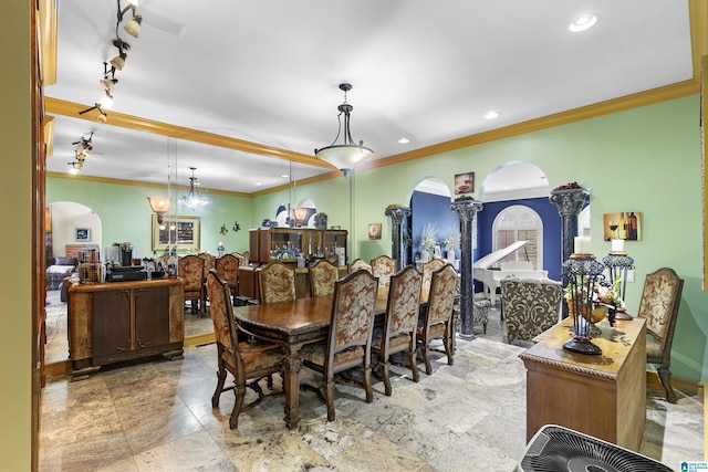 200 Asphodel Dr, Dothan, AL 36303 - dining room with arched walkways, ornamental molding, recessed lighting, decorative columns, and stone tile floors