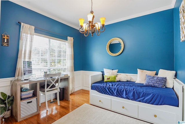 311 Hunter Hills Cir, Chelsea, AL 35043 - bedroom with a chandelier, wainscoting, crown molding, and wood finished floors
