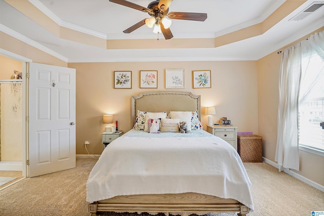 311 Hunter Hills Cir, Chelsea, AL 35043 - bedroom featuring a raised ceiling, light colored carpet, ornamental molding, baseboards, and ceiling fan