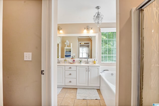 311 Hunter Hills Cir, Chelsea, AL 35043 - full bath with double vanity, a bath, tile patterned floors, and crown molding