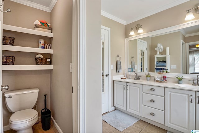 311 Hunter Hills Cir, Chelsea, AL 35043 - bathroom featuring double vanity, tile patterned floors, crown molding, and toilet