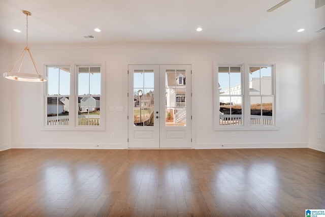 552 Village Green Way, Hoover, AL 35226 - unfurnished room with french doors, ornamental molding, wood finished floors, baseboards, and ceiling fan