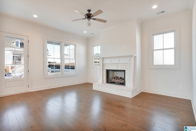 552 Village Green Way, Hoover, AL 35226 - unfurnished living room with crown molding, ceiling fan, a fireplace, dark wood-type flooring, and baseboards