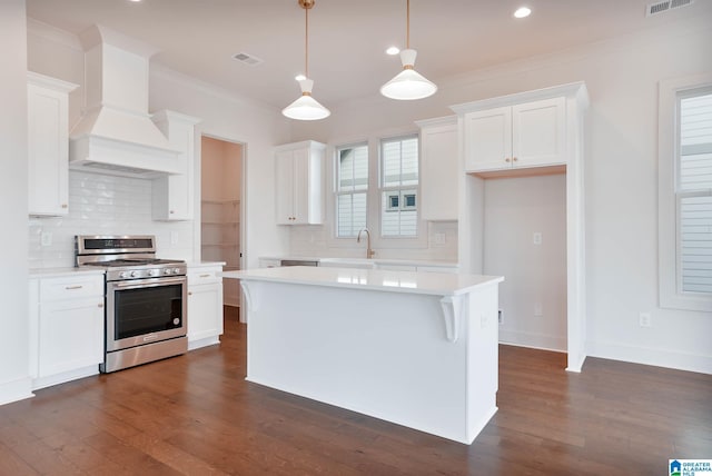 552 Village Green Way, Hoover, AL 35226 - kitchen featuring stainless steel range with gas stovetop, premium range hood, light countertops, decorative backsplash, and ornamental molding