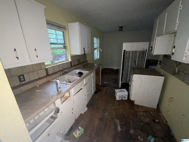 375 Little Dismal Rd, Arley, AL 35541 - kitchen featuring white cabinetry, decorative backsplash, dark wood-type flooring, and light countertops