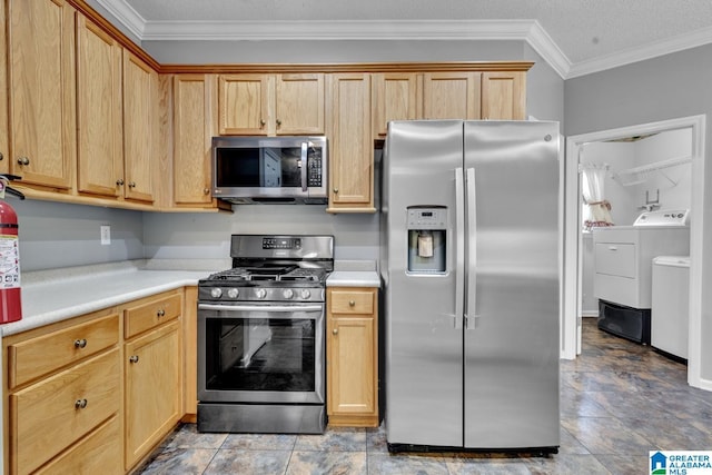 200 Shady Point Rd, Locust Fork, AL 35097 - kitchen featuring appliances with stainless steel finishes, washing machine and dryer, light countertops, ornamental molding, and light brown cabinets