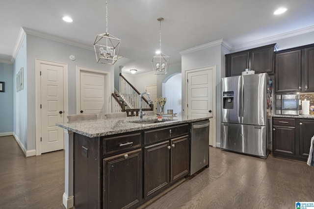 1037 Norman Way, Birmingham, AL 35242 - kitchen with appliances with stainless steel finishes, a sink, dark wood finished floors, ornamental molding, and dark brown cabinets