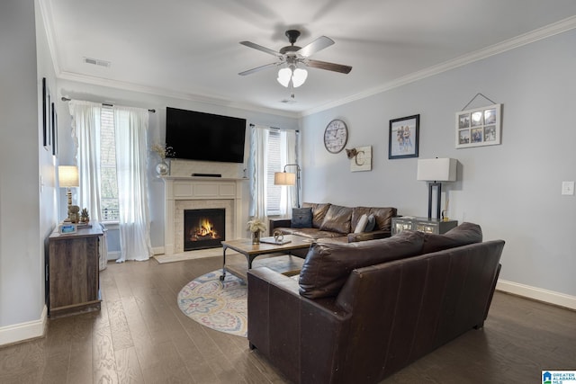 1037 Norman Way, Birmingham, AL 35242 - living area featuring a ceiling fan, a lit fireplace, healthy amount of natural light, crown molding, and dark wood-style flooring