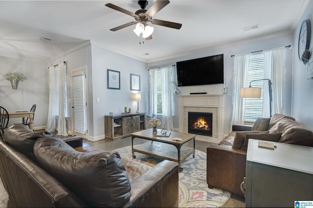1037 Norman Way, Birmingham, AL 35242 - living area with a ceiling fan, a fireplace with flush hearth, crown molding, and baseboards