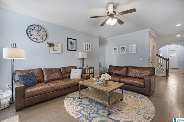 1037 Norman Way, Birmingham, AL 35242 - living room with arched walkways, crown molding, wood-type flooring, a ceiling fan, and recessed lighting