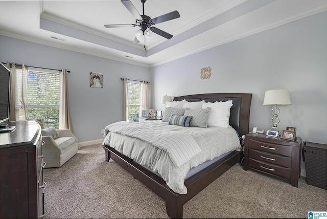 1037 Norman Way, Birmingham, AL 35242 - bedroom with carpet floors, a raised ceiling, multiple windows, crown molding, and a ceiling fan