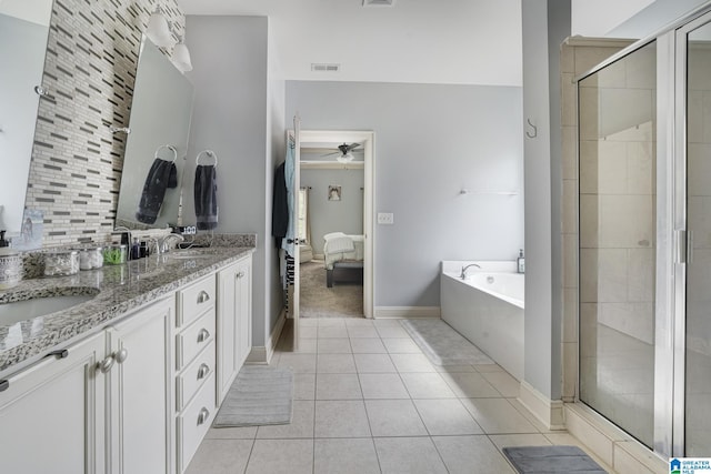 1037 Norman Way, Birmingham, AL 35242 - full bathroom featuring connected bathroom, a garden tub, double vanity, a stall shower, and ceiling fan