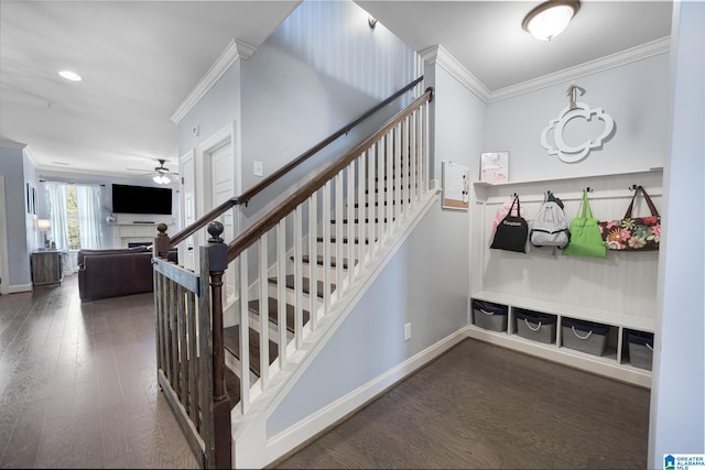 1037 Norman Way, Birmingham, AL 35242 - stairs with ornamental molding, a ceiling fan, baseboards, wood finished floors, and a fireplace