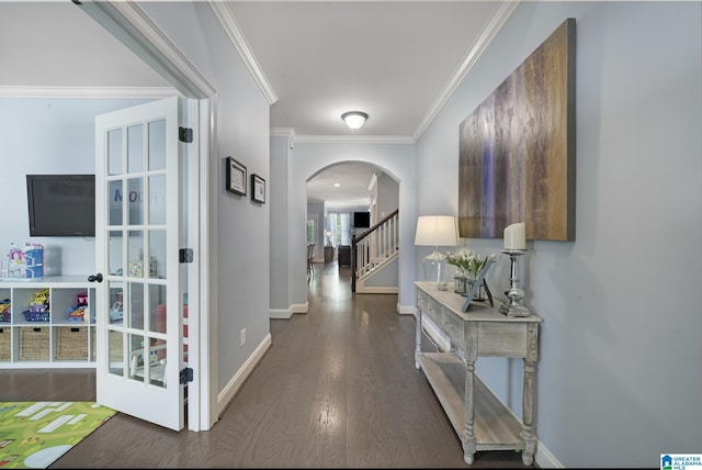 1037 Norman Way, Birmingham, AL 35242 - hall with arched walkways, baseboards, crown molding, wood finished floors, and stairs