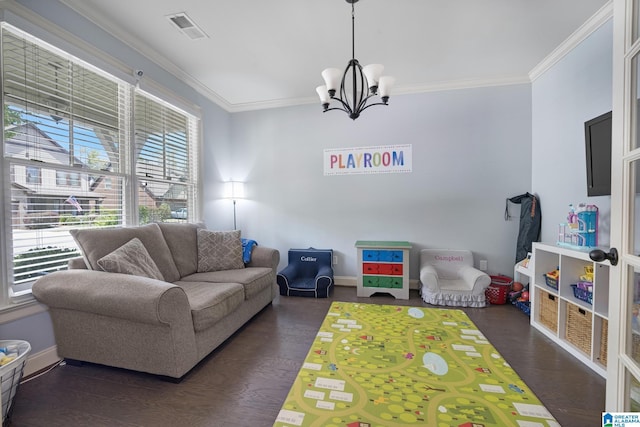 1037 Norman Way, Birmingham, AL 35242 - living room featuring a chandelier, ornamental molding, dark wood finished floors, and baseboards