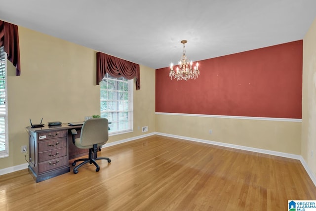 5420 Pine St, Sylvan Springs, AL 35118 - office area with light wood-style flooring, a chandelier, and baseboards