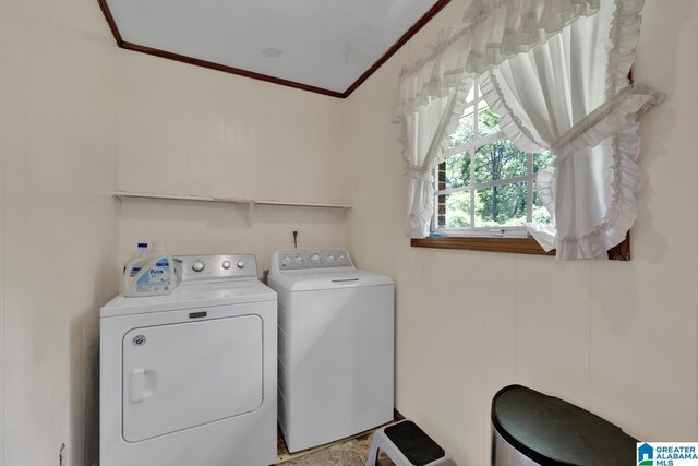 5420 Pine St, Sylvan Springs, AL 35118 - washroom featuring crown molding and washing machine and clothes dryer