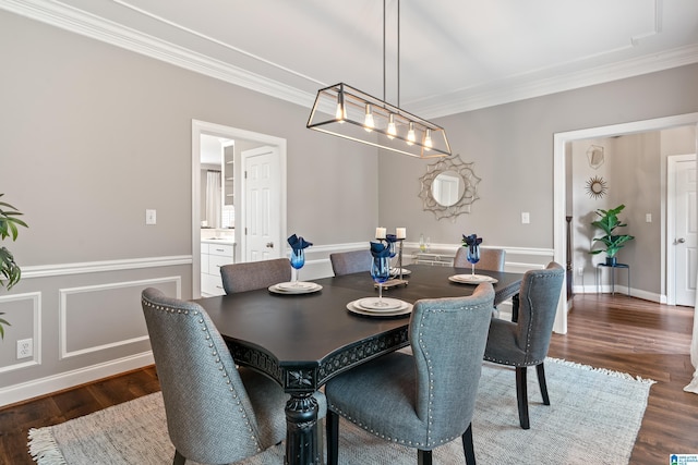 5265 Lake Crest Cir, Hoover, AL 35226 - dining area with ornamental molding, dark wood-style floors, and a wainscoted wall