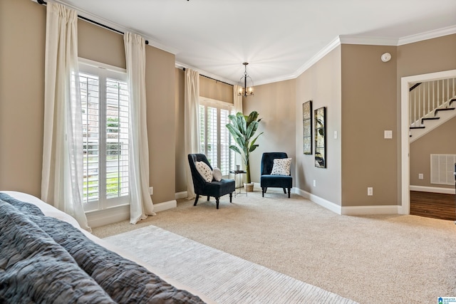 5265 Lake Crest Cir, Hoover, AL 35226 - sitting room with carpet, a chandelier, baseboards, crown molding, and stairs