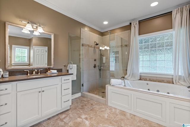 5265 Lake Crest Cir, Hoover, AL 35226 - bathroom with a shower stall, a tub with jets, ornamental molding, vanity, and recessed lighting