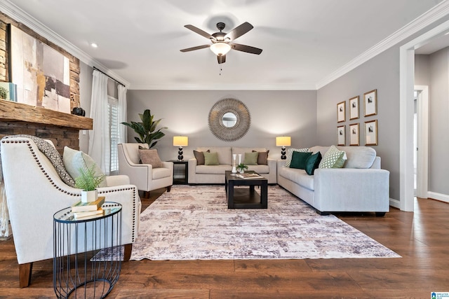 5265 Lake Crest Cir, Hoover, AL 35226 - living room featuring a ceiling fan, ornamental molding, wood finished floors, and baseboards